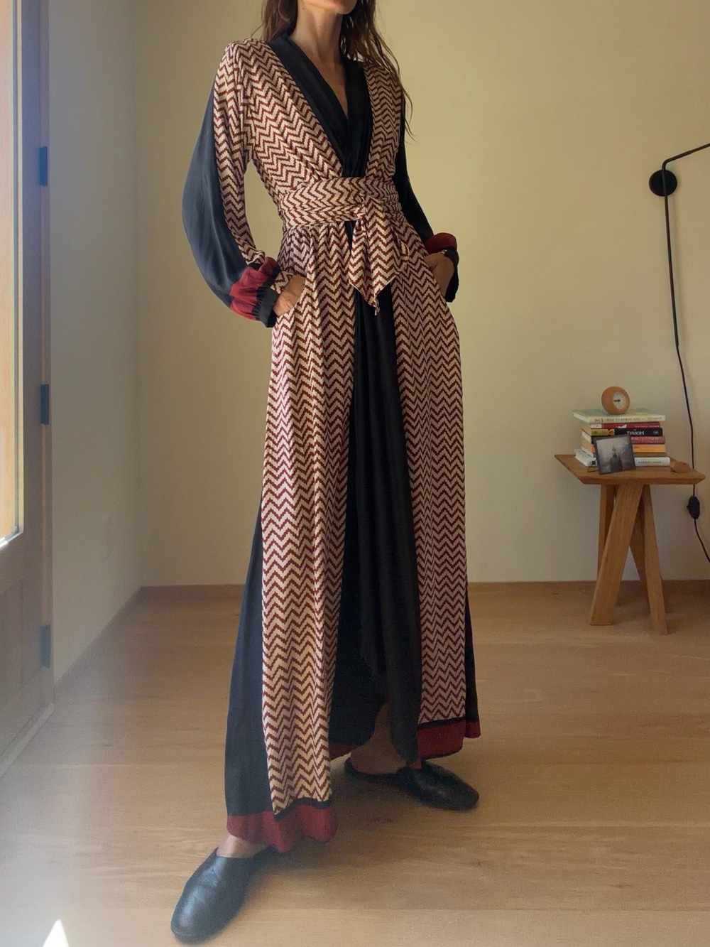 Natalie Martin Chevron Maxi Wrap Dress in Beige and Black with Burgundy Accents